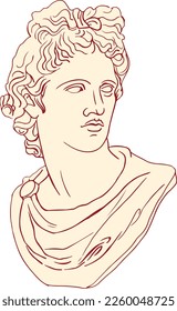 Apollo sculpture. Greek sculpture. Apollo's head, sculpture, hand drawn, line, flat, boho colors
