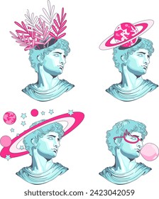 Estatuas de Apolo en color azul, conjunto de cabezas con flores, planetas estrellas sistema solar, en gafas retro y burbuja infladora, vector plano emergente