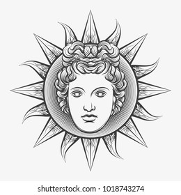 Apollo sun. Antique roman apollo sun face god engraving vector illustration or etching isolated on white background