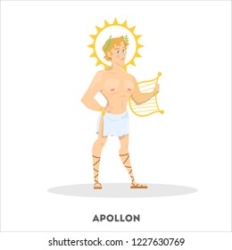 Apollon ancient greek god character. Greece history fanatsy man. Mythology culture. Isolated vector illustration in cartoon style