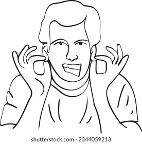 Apologetic Gesture: Continuous Line Cartoon of Young Man Holding Ears, Sketch Illustration of Apologetic Young Man with Ears Covered