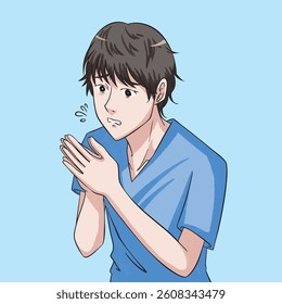 Apologetic young man wearing blue shirt with clasped hand gesture vector illustration isolated on square blue background.