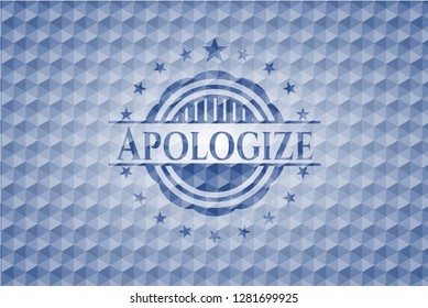 Apologize blue emblem with geometric pattern background.