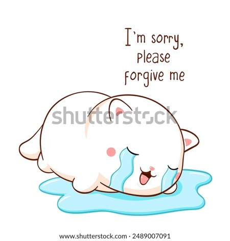 Apologize card with crying little kitten. Inscription I'm sorry, please forgive me. Cute baby cat apologize. A crying kitty lying in a puddle of tears. Vector illustration EPS8 