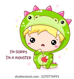 Apologize card with sad cute baby in monster costume. Inscription I'm sorry, I'm a monster. Cute little boy apologize. Vector illustration EPS8