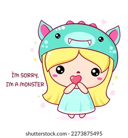 Apologize card with sad cute baby in monster costume. Inscription I'm sorry, I'm a monster. Cute little girl apologize. Vector illustration EPS8