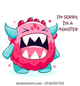 Apologize card with sad cute tiny monster. Inscription I'm sorry, I'm a monster. Cute baby monster apologize. Vector illustration EPS8