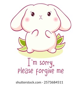 Apologize card with sad little bunny. Inscription I'm sorry, please forgive me. Cute baby rabbit apologize. Can be used from t-shirt print, card, poster. Vector illustration EPS8 