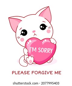 Apologize card. Sad little kitten with pink heart. Inscription I'm sorry, please forgive me. Cute baby cat apologize. Vector illustration EPS8 