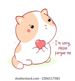 Apologize card. Sad little kitten with pink heart. Inscription I'm sorry, please forgive me. Cute baby cat apologize. Vector illustration EPS8 