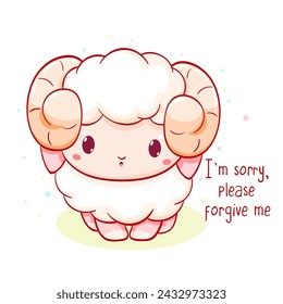 Apologize card. Sad little sheep and Inscription I'm sorry, please forgive me. Cute baby lamb apologize. Vector illustration EPS8 