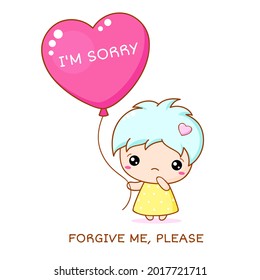 Apologize card. Sadness kawaii little girl with red heart shaped balloon. Inscription I'm sorry, Forgive me please. Cute baby girl apologize. Vector illustration EPS8 