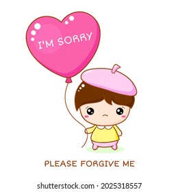 Apologize card. Sadness kawaii little boy with red heart shaped balloon. Inscription I'm sorry, Please forgive me. Cute baby boy apologize. Vector illustration EPS8 