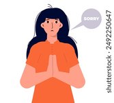 Apologize or say sorry, regret for what happen asking for forgiveness concept. Woman saying I’m sorry. Vector illustration.