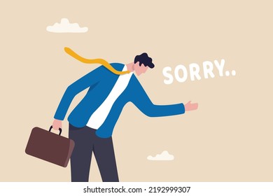 Apologize or say sorry, regret for what happen asking for forgiveness, professional or leadership after mistake or failure, pardon or feel sad concept, businessman bow down say sorry for apologize.