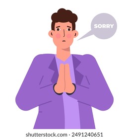 Apologize or say sorry, regret for what happen asking for forgiveness concept. Man saying I’m sorry. Vector illustration.