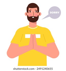 Apologize or say sorry, regret for what happen asking for forgiveness concept. Man saying I’m sorry. Vector illustration.