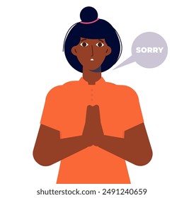 Apologize or say sorry, regret for what happen asking for forgiveness concept. Woman saying I’m sorry. Vector illustration.