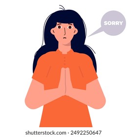 Apologize or say sorry, regret for what happen asking for forgiveness concept. Woman saying I’m sorry. Vector illustration.