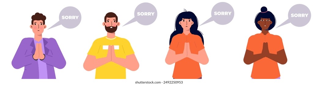 Apologize or say sorry, regret for what happen asking for forgiveness concept. Man and Woman saying I’m sorry. Vector illustration.