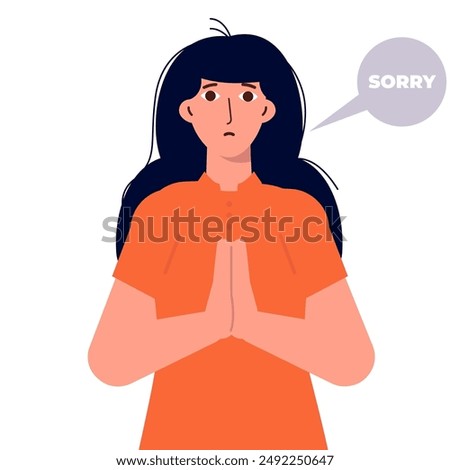 Apologize or say sorry, regret for what happen asking for forgiveness concept. Woman saying I’m sorry. Vector illustration.
