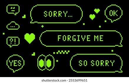 Apologize. Sorry dialogue box. Speech bubbles. Y2k sticker in pixel art. Forgive me. 8 bit retro style vector background. Simple geometric form. Game abstract icon set. Mood of 90's aesthetics. 