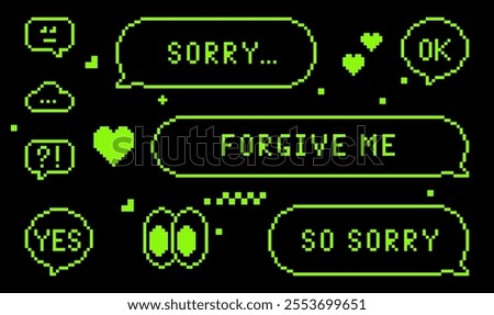 Apologize. Sorry dialogue box. Speech bubbles. Y2k sticker in pixel art. Forgive me. 8 bit retro style vector background. Simple geometric form. Game abstract icon set. Mood of 90's aesthetics. 