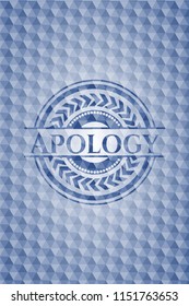 Apology blue emblem or badge with abstract geometric polygonal pattern background.