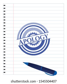 Apology emblem draw with pen effect. Blue ink. Vector Illustration. Detailed.