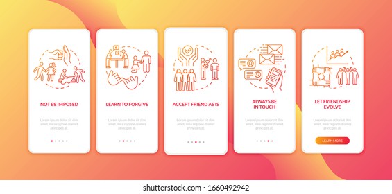 Apology and forgiveness onboarding mobile app page screen with concepts. Accept and understand friends walkthrough 5 steps graphic instructions. UI vector template with RGB color illustrations