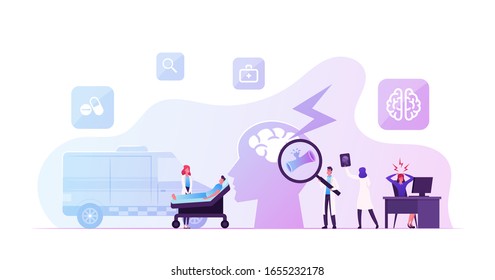 Apoplexy, Insult Attack Concept. Ambulance Hospitalize Man To Clinic, Doctor Learn Broken Bleeding Vessel In Human Brain. Woman Have Head Ache In Office. Neurosurgery Cartoon Flat Vector Illustration