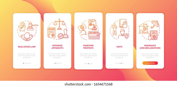 Apostille and notarization onboarding mobile app page screen with concepts. Identity verification walkthrough 5 steps graphic instructions. UI vector template with RGB color illustrations