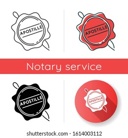 Apostille Wax Seal Icon. Notary Services Stamp Mark. Legalization. Notarization. Notarized Document. Authentification. Validation. Linear Black And RGB Color Styles. Isolated Vector Illustrations