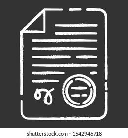 Apostilles and document legalization services chalk icon. Professional translation. Legal validation. Notarized document with stamp. Translator license. Isolated vector chalkboard illustration