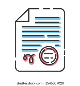 Icono de color de apostillas y servicios de legalización de documentos. Traducción profesional. Validación legal. Documento anotado. Documento firmado con sello. Licencia de traductor. Ilustración vectorial aislada