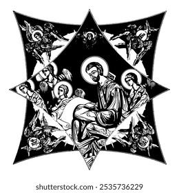 Apostle Luke on cross dome with 4 apostles, angels and seraphim. Ink illustration black and white in Byzantine style isolated