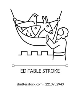 Apostle Peter vision linear icon. Sheet with unclean animals lowered from heaven. Bible narratives. Thin line illustration. Contour symbol. Vector outline drawing. Editable stroke. Arial font used