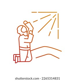 Apostle pray to holy radiance gradient linear vector icon. Saint Paul conversion. Man on knee raise hands to sky. Bible. Thin line color symbol. Modern style pictogram. Vector isolated outline drawing