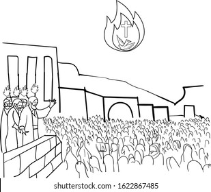 apostle speech into city after pentecost day. line art illustrator - vector