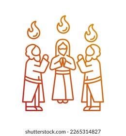 Apostles with holy tongues of fire gradient linear vector icon. Pentecost celebration. Men stand in circle and pray. Thin line color symbol. Modern style pictogram. Vector isolated outline drawing