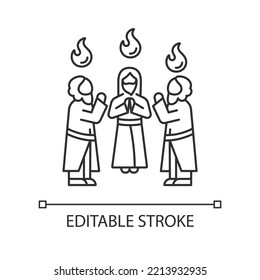 Apostles with holy tongues of fire linear icon. Pentecost celebration. Men stand in circle and pray. Thin line illustration. Contour symbol. Vector outline drawing. Editable stroke. Arial font used