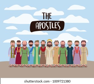 the apostles and jesus in daily scene in desert in colorful silhouette