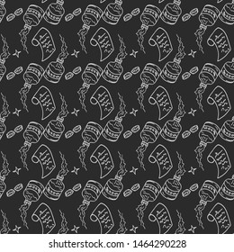Apothecary alchemy magic craft seamless pattern, black and white, vector