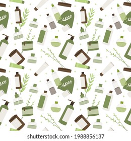 Apothecary bottle: febrifuge, antipyretic, syrup, ointment, drops, cream. Homeopathy, naturopathy. Holistic medicine. Natural organic herb. Vector flat cartoon illustration, seamless pattern