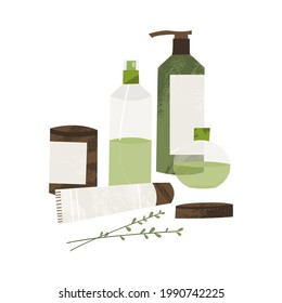 Apothecary bottle: febrifuge, antipyretic, syrup, ointment, drops, cream. Homeopathy, naturopathy. Holistic medicine. Natural organic herb. Vector flat cartoon illustration