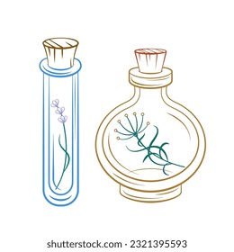 Botella apotecaria y tubo con flores y hierbas dentro. Ilustración vectorial.