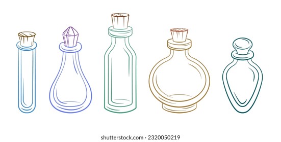 Botellas apotecarias puestas. Ilustración vectorial.