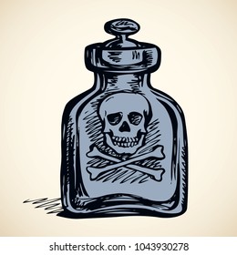 Apothecary can with dia envenom bane and mortal cross bones for beware on white background. Freehand ink hand drawn crossbone icon sketchy in scribble antiquity style. View closeup with space for text