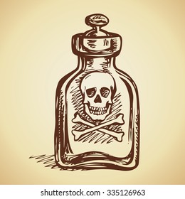 Apothecary can with dia envenom bane and mortal cross bones for beware isolated on white background. Freehand ink hand drawn icon sketchy in scribble antiquity style. View closeup with space for text