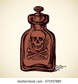 Apothecary can with dia envenom bane and mortal cross bones for beware isolated on white background. Freehand ink hand drawn icon sketchy in scribble style. View closeup with space for text